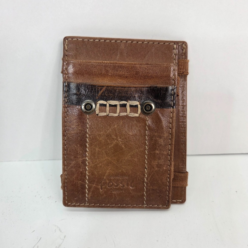 FOSSIL brown distressed leather card case wallet mens